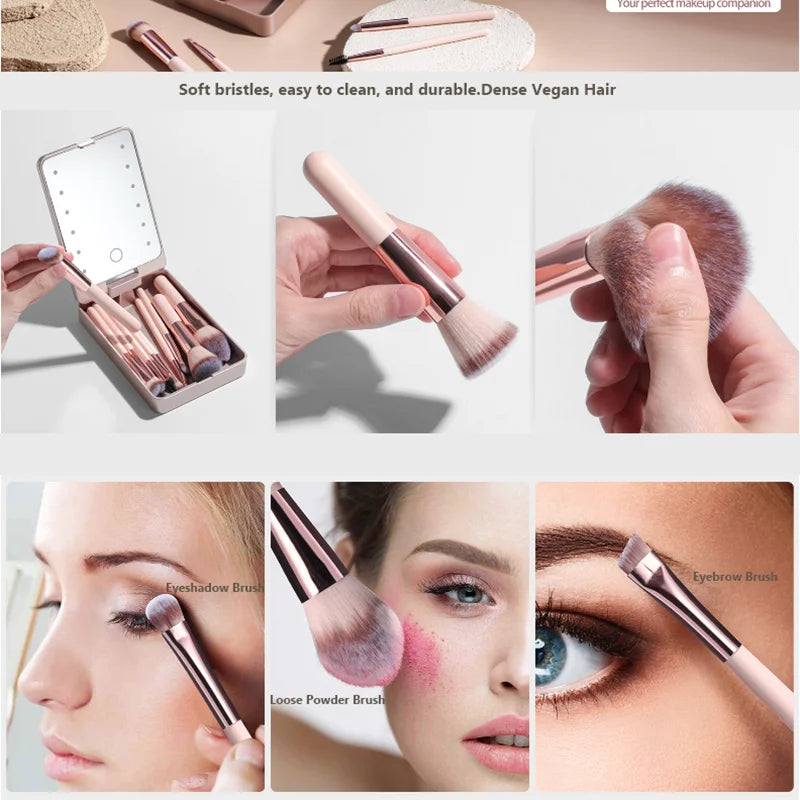 14-Piece Makeup Brush Set with Illuminated Mirror, Portable Short Handle,Led Light,Usb Rechargeable Makeup Brushes Kit