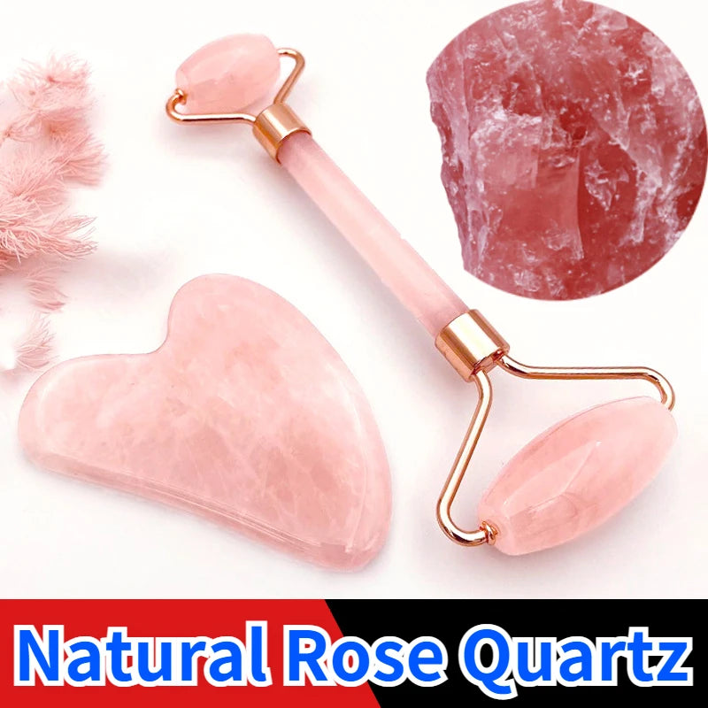 Rose Quartz Powder Crystal Jade Roller Massage Spa Pink Face Massagers Gua Sha Natural Stone Guasha Beauty Tool Facial Lift Up
