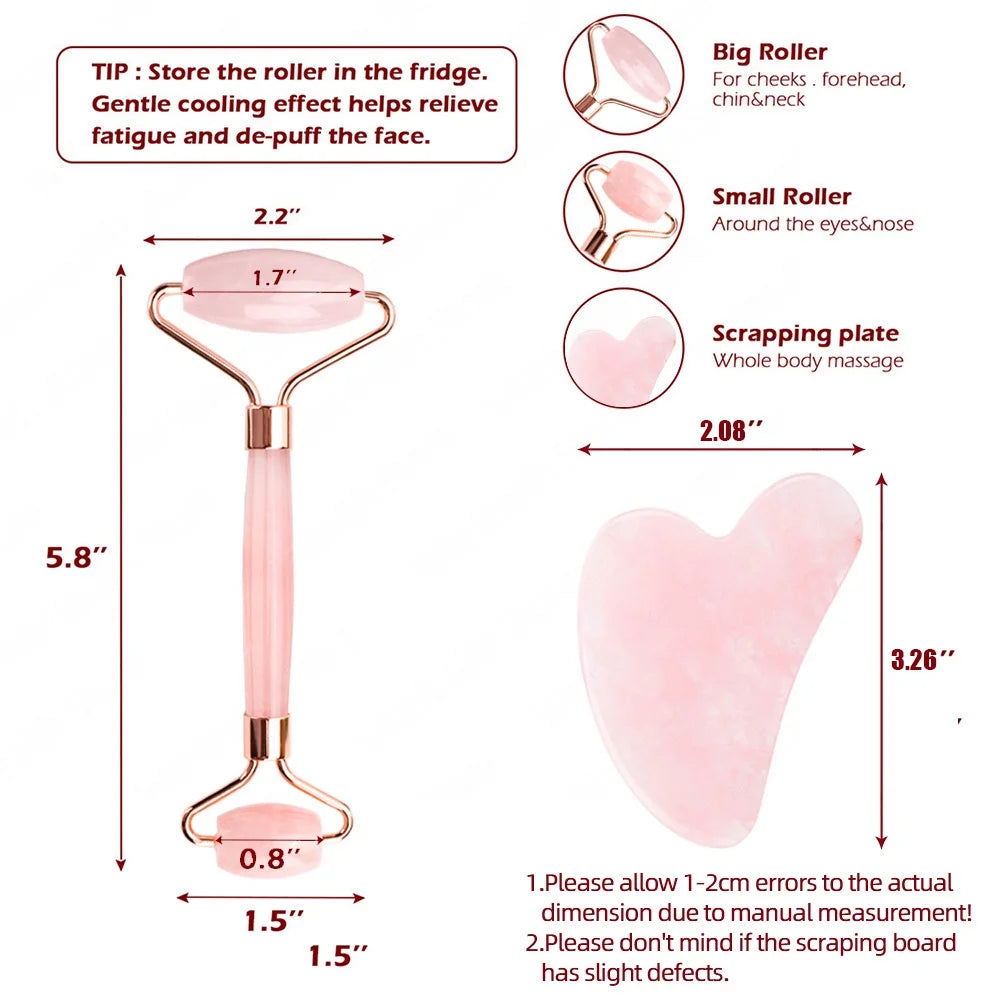 Rose Quartz Powder Crystal Jade Roller Massage Spa Pink Face Massagers Gua Sha Natural Stone Guasha Beauty Tool Facial Lift Up