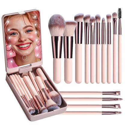 14-Piece Makeup Brush Set with Illuminated Mirror, Portable Short Handle,Led Light,Usb Rechargeable Makeup Brushes Kit